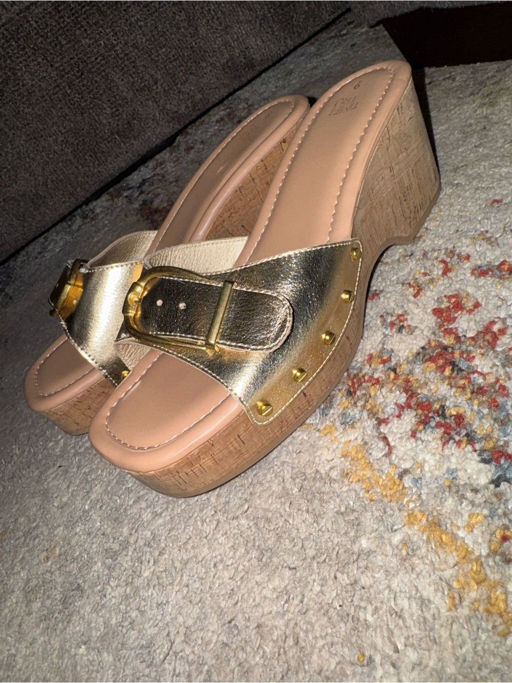 Gold Metallic Cork-Wedge Slide Sandals for Women